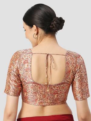 Beige silk printed round neck half sleeves readymade saree blouse 2