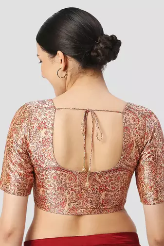 Beige silk printed round neck half sleeves readymade saree blouse