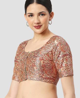 Beige silk printed round neck half sleeves readymade saree blouse 3
