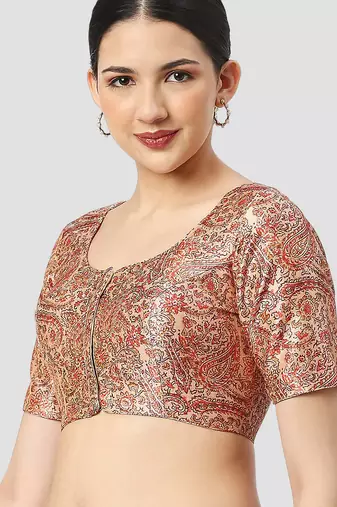 Beige silk printed round neck half sleeves readymade saree blouse