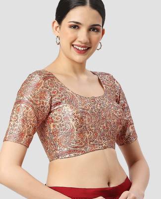Beige silk printed round neck half sleeves readymade saree blouse 4