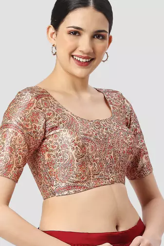 Beige silk printed round neck half sleeves readymade saree blouse