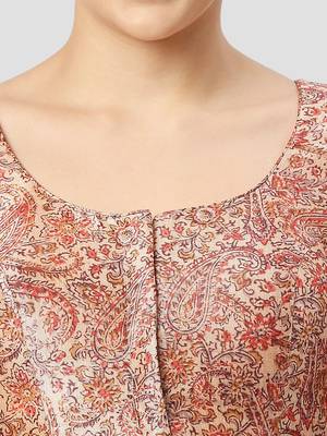 Beige silk printed round neck half sleeves readymade saree blouse 5