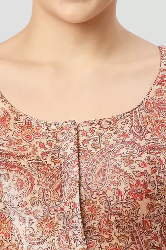 Beige silk printed round neck half sleeves readymade saree blouse
