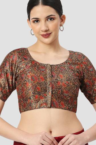 Black silk printed round neck half sleeves readymade saree blouse