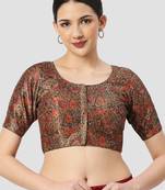 Black silk printed round neck half sleeves readymade saree blouse