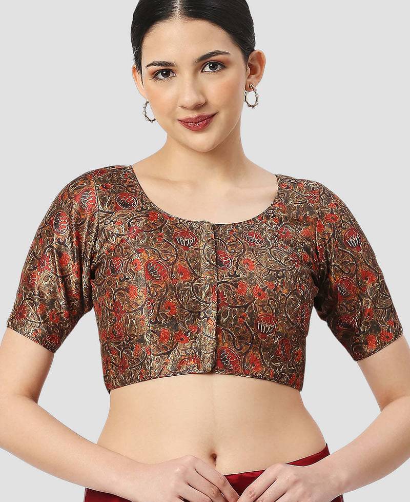 Black silk printed round neck half sleeves readymade saree blouse