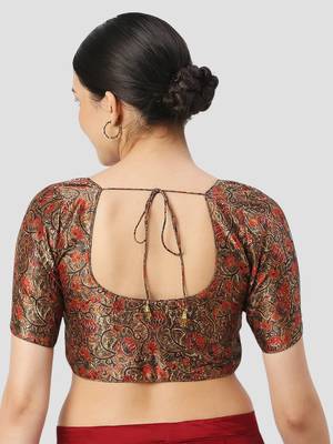 Black silk printed round neck half sleeves readymade saree blouse 2