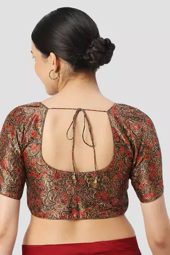 Black silk printed round neck half sleeves readymade saree blouse