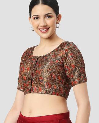 Black silk printed round neck half sleeves readymade saree blouse 3
