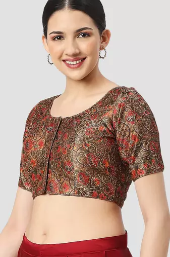 Black silk printed round neck half sleeves readymade saree blouse