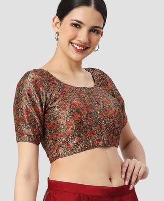 Black silk printed round neck half sleeves readymade saree blouse 4