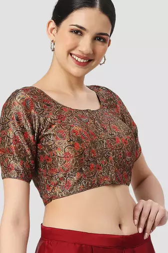 Black silk printed round neck half sleeves readymade saree blouse