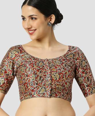 Maroon silk printed round neck half sleeves readymade saree blouse 1