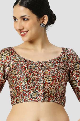 Maroon silk printed round neck half sleeves readymade saree blouse