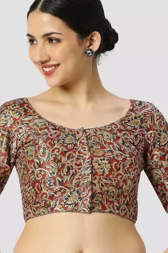 Maroon silk printed round neck half sleeves readymade saree blouse