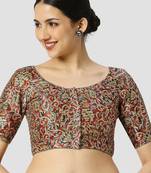 Maroon silk printed round neck half sleeves readymade saree blouse
