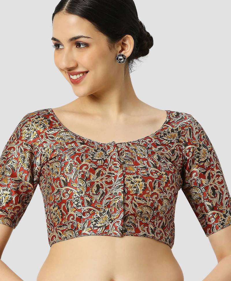 Maroon silk printed round neck half sleeves readymade saree blouse