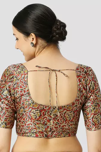 Maroon silk printed round neck half sleeves readymade saree blouse