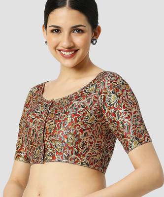 Maroon silk printed round neck half sleeves readymade saree blouse 3