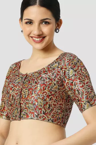 Maroon silk printed round neck half sleeves readymade saree blouse