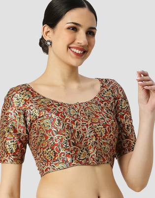 Maroon silk printed round neck half sleeves readymade saree blouse 4