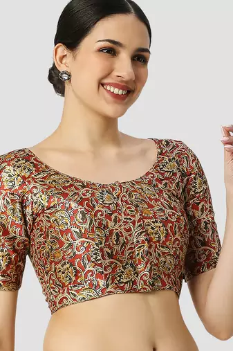 Maroon silk printed round neck half sleeves readymade saree blouse