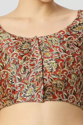 Maroon silk printed round neck half sleeves readymade saree blouse