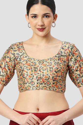 light-green silk leafy floral printed padded readymade saree blouse