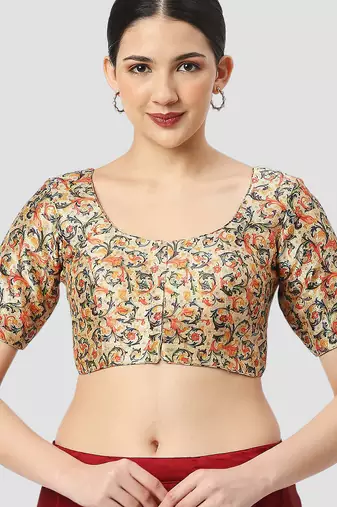 light-green silk leafy floral printed padded readymade saree blouse
