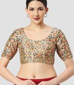 light-green silk leafy floral printed padded readymade saree blouse
