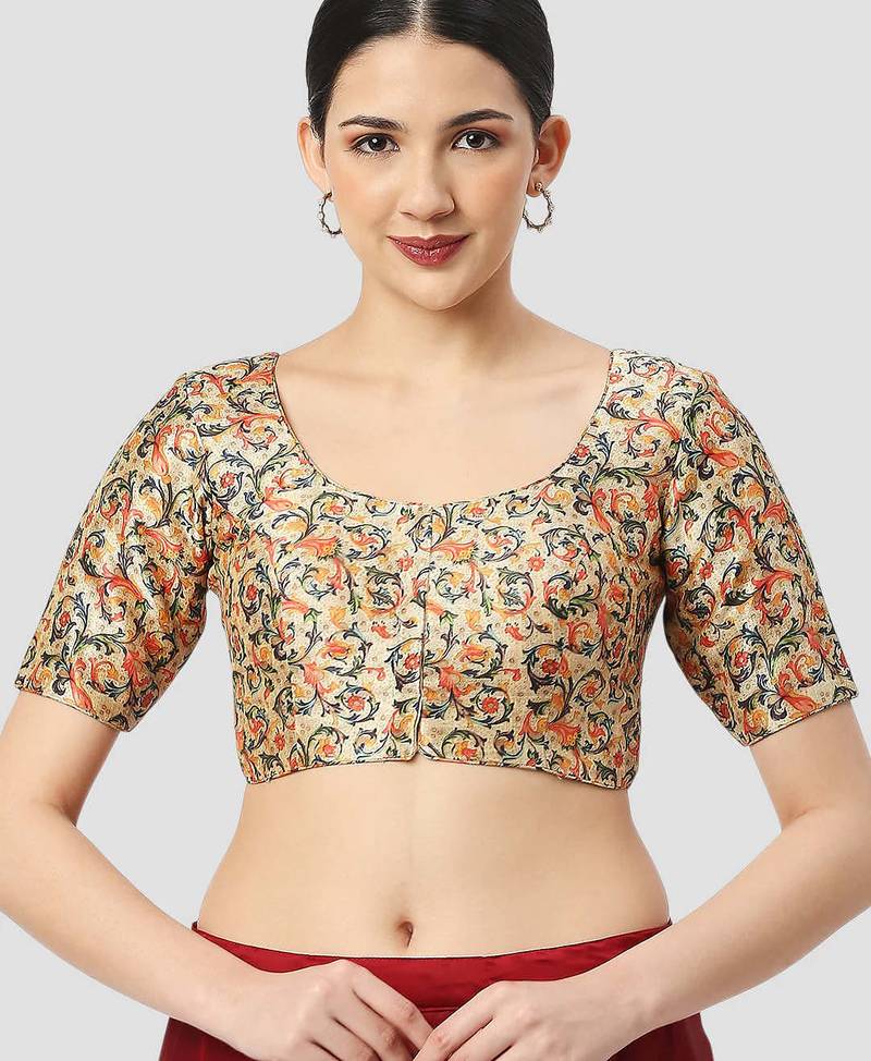 light-green silk leafy floral printed padded readymade saree blouse