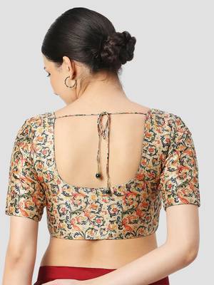 light-green silk leafy floral printed padded readymade saree blouse 2