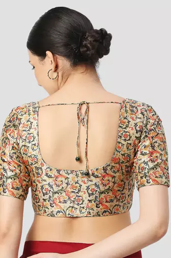 light-green silk leafy floral printed padded readymade saree blouse