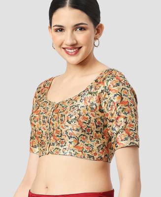 light-green silk leafy floral printed padded readymade saree blouse 3