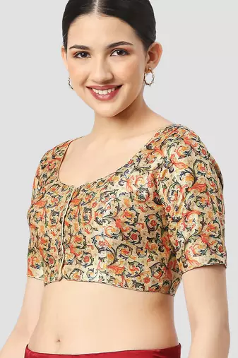 light-green silk leafy floral printed padded readymade saree blouse