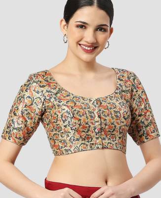 light-green silk leafy floral printed padded readymade saree blouse 4