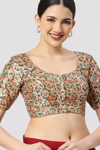 light-green silk leafy floral printed padded readymade saree blouse