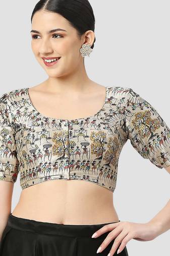 Light grey silk printed round neck half sleeves readymade saree blouse