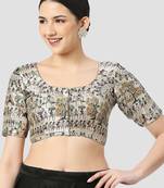 Light grey silk printed round neck half sleeves readymade saree blouse