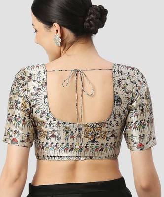 Light grey silk printed round neck half sleeves readymade saree blouse 2