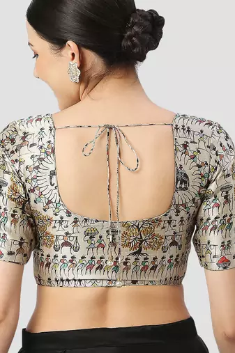Light grey silk printed round neck half sleeves readymade saree blouse