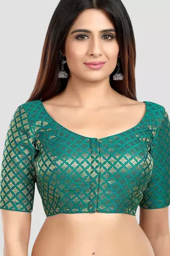 Brocade rama green elbow sleeves round neck padded readymade saree blouse