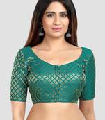 Brocade rama green elbow sleeves round neck padded readymade saree blouse