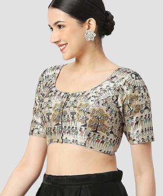 Light grey silk printed round neck half sleeves readymade saree blouse 3