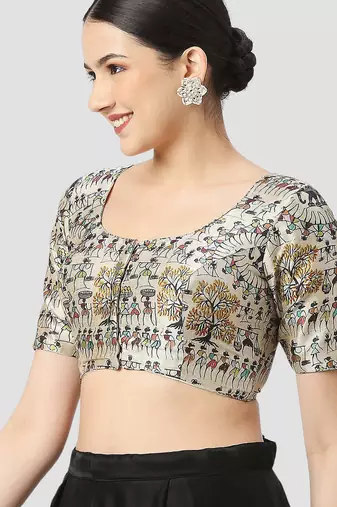 Light grey silk printed round neck half sleeves readymade saree blouse