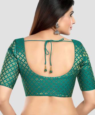 Brocade rama green elbow sleeves round neck padded readymade saree blouse 2
