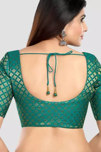 Brocade rama green elbow sleeves round neck padded readymade saree blouse