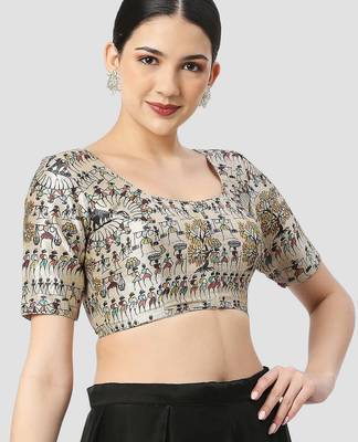 Light grey silk printed round neck half sleeves readymade saree blouse 4