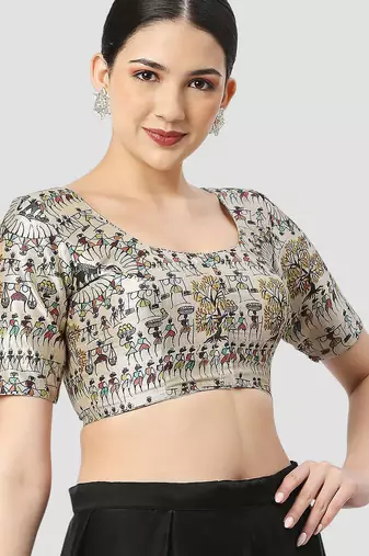 Light grey silk printed round neck half sleeves readymade saree blouse